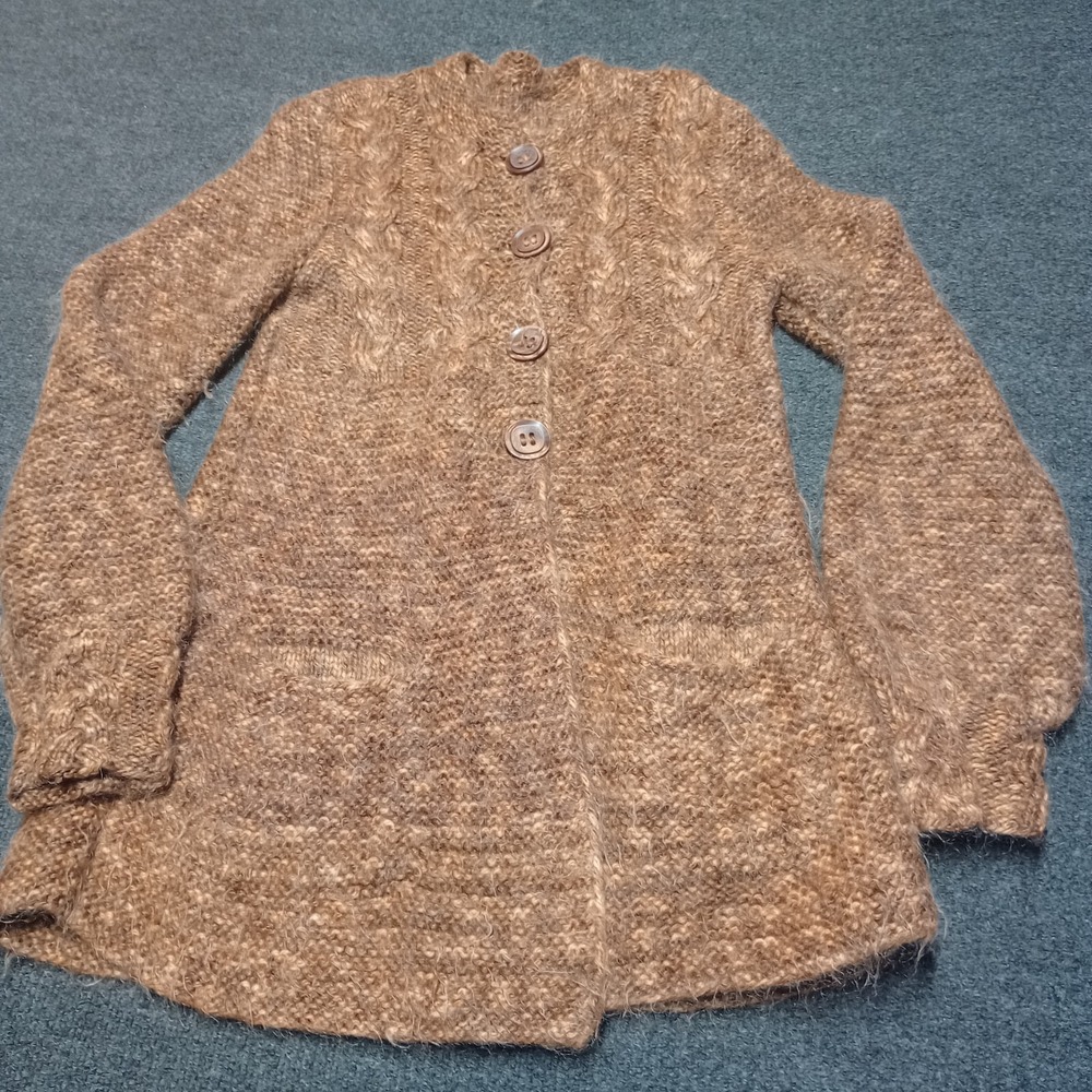 Vintage Cardigan Sweater Women Medium Brown Yarn Knit‎ Mid Length Coatigan